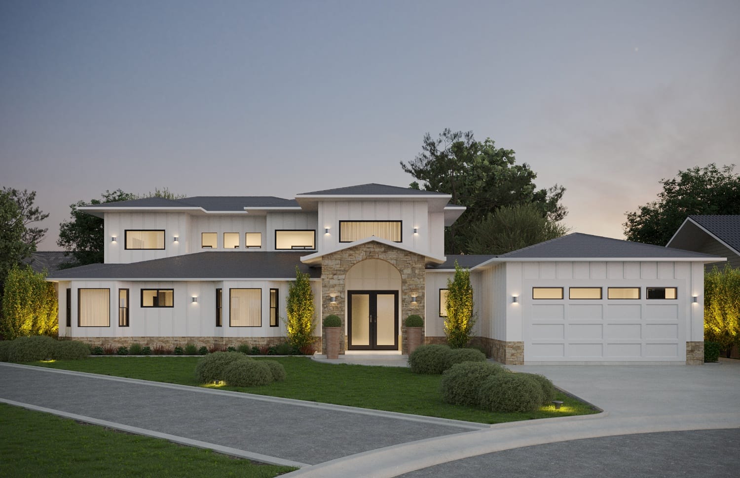 Dusk exterior render of a white board-and-batten house with a stone arched entry and lit interiors